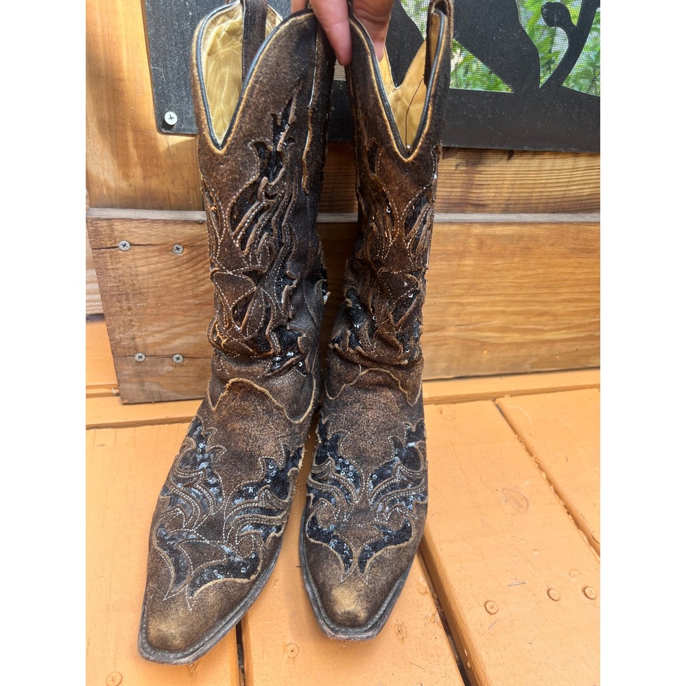 Corral Brown Distressed Leather Black Sequin Inlay Western Boots R1152 8.5M - Picture 4 of 13